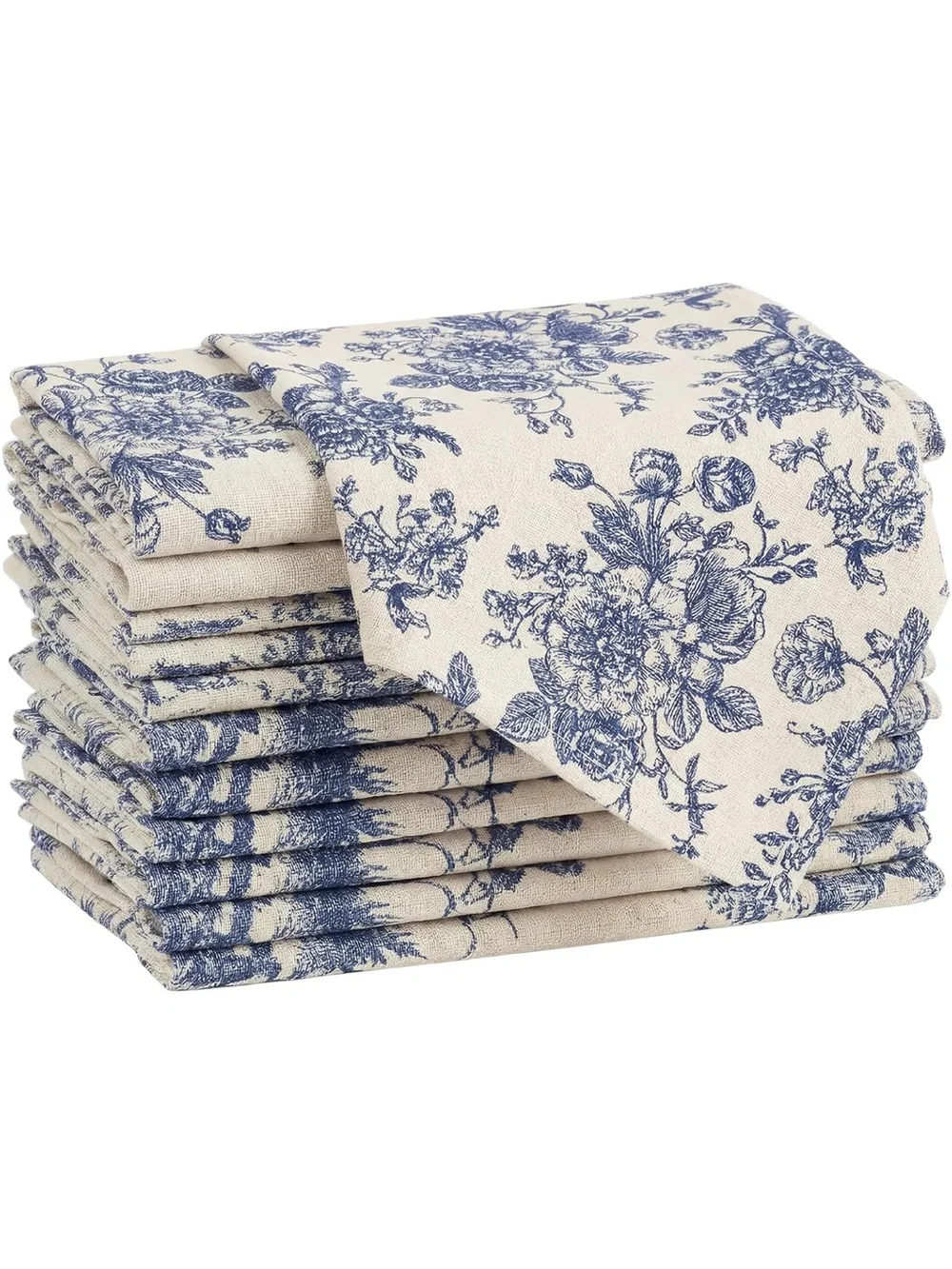NEW Mindsoft Blue Floral Linen Napkins - Set of 12
